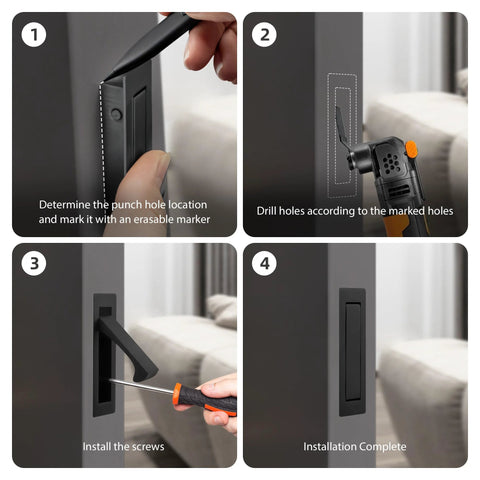 Installation steps for Pocket Door Pull And Edge Pull Set Matte Black Recessed Flush Handles, shown on a sliding door frame.
