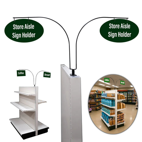 Game Changing Curved Gondola Shelf Double Side Magnetic Base Sign Holder Rack Retail Store Aisle Walkway Section markers displaying Coffee and Bread.