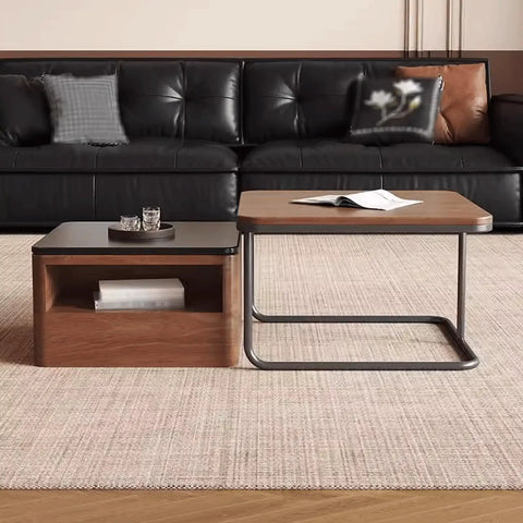 Modern Square Nesting Coffee Table Set Of Two Industrial Stacking Side Tables With Storage Drawers Solid Wood accent furniture in living room.