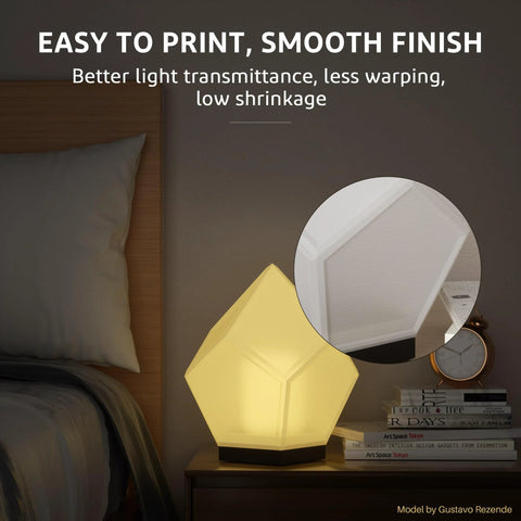 Geometric yellow LED bedside lamp on nightstand with black base; inset shows close-up of white panel texture.