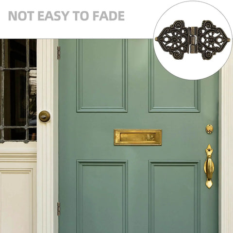 Front view of green door with decorative Butterfly Hinges 10 Pack Zinc Alloy for Wooden Boxes and Small Cabinets by ULDIGI inset