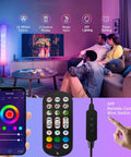 Smart Floor Lamp With RGB LED Color Changing Lights App Control in living room, showing app interface and remote control options