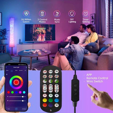 Smart Floor Lamp With RGB LED Color Changing Lights App Control in living room, showing app interface and remote control options