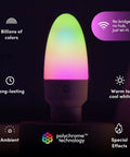 E12 Candle Color Wi Fi Smart LED Light Bulb With Polychrome Technology 27 Addressable Zones glowing in multiple colors.