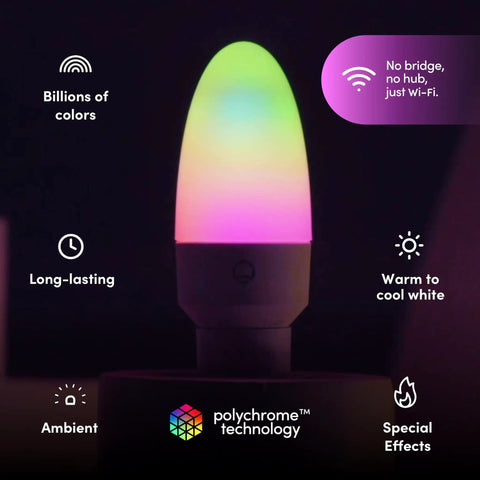 E12 Candle Color Wi Fi Smart LED Light Bulb With Polychrome Technology 27 Addressable Zones glowing in multiple colors.