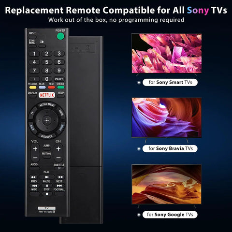 Universal Remote Replacement For Bravia Smart LCD LED HDTVs With Netflix Shortcut Buttons, Plug-And-Play Setup, No Programming Needed, Extended Range, Bravia Compatible TV Remote Out Of Box Ready shown next to images indicating compatibility with Sony TVs.