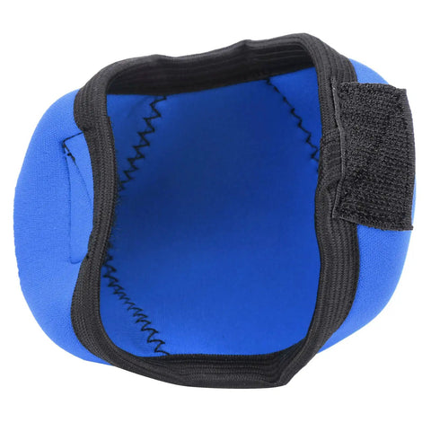 Inside view of blue scuba diving universal second stage regulator protector cover neoprene guard with velcro strap.