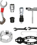 All In One Bike Repair Gear Kit For Mountain Bikes 9 Piece Set With 3 In 1 Cassette Remover Wrench and tools visible