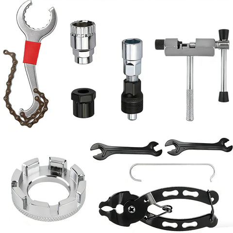 All In One Bike Repair Gear Kit For Mountain Bikes 9 Piece Set With 3 In 1 Cassette Remover Wrench and tools visible