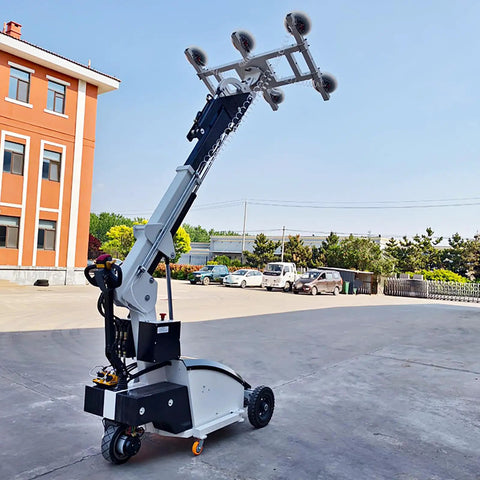 Pro Level Hydraulic Glass Lifter Packing Killer Suction Grip To Effortlessly Tote Heavy Marble Granite And Quartz Slabs Around Busy Work Sites Without Raising A Sweat, machine in outdoor setting, visible suction cups.