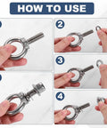 Instructions for assembling M8 X 100mm Shoulder Eye Bolt Set in 304 stainless steel with lifting ring and washers.