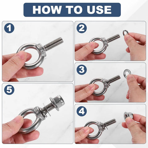 Instructions for assembling M8 X 100mm Shoulder Eye Bolt Set in 304 stainless steel with lifting ring and washers.
