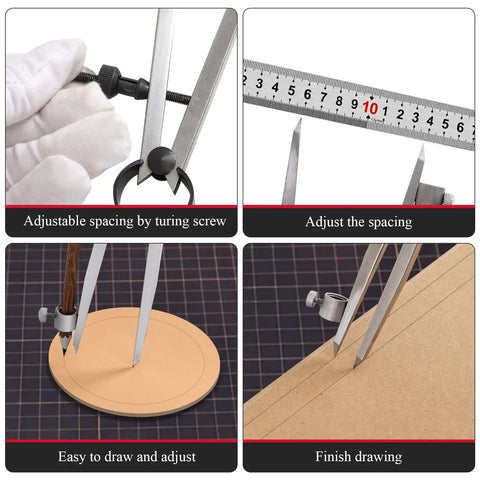 Rock Solid 8 Inch Woodworking Compass And Carbon Steel Scribe Divider With Locking Pin used to adjust and draw precise circles.