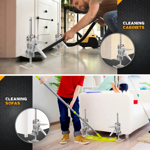 Pair Of Heavy Duty Sheetrock Drywall Lift And Furniture Board Lifting Helper Platform With Two Drop Modes And Adjustable Height Stand for cleaning under cabinets and sofas.