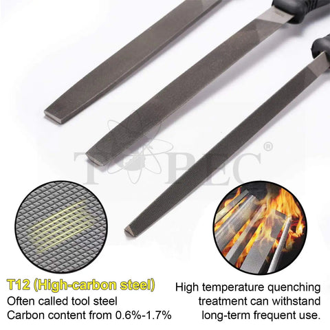 Close-up of 26 Piece Metal File Set with T12 Forged Alloy Steel showing file texture and high temperature quenching process