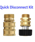 Two brass quick-disconnect adapters for pressure washers; knurled bodies with black collar.