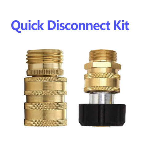 Two brass quick-disconnect adapters for pressure washers; knurled bodies with black collar.