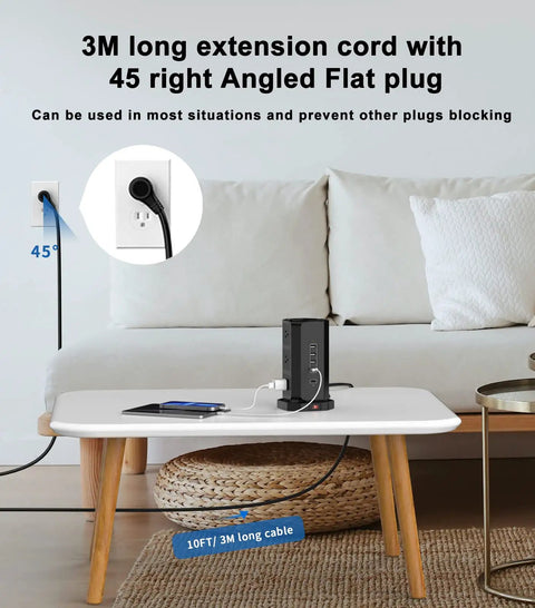 Tower Power Strip With USB Ports And Surge Protector 9 Widely Spaced AC Outlets Plus 5 USB Ports Including One USB C 10 Ft Extension Cord