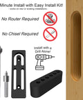Pocket Door Pull Swivel Handle With Concealed Hardware And Quick Install Kit In Black Finish, no router or chisel needed, wooden door inset.