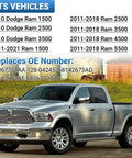 Dodge Ram truck with part compatibility list, showing Dodge Ram Left Side Lower Mirror Glass Replacement For 2010 To 2020 Ram models