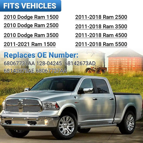 Dodge Ram truck with part compatibility list, showing Dodge Ram Left Side Lower Mirror Glass Replacement For 2010 To 2020 Ram models