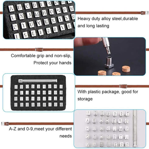 All In One Leather Stamping Kit With Rubber Hammer 71 Piece Set With 68 Patterns And Shapes shown with stamps and tools