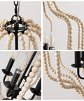 Wood Beaded Chandelier With Four Candle Style Lights For A Cozy Farmhouse Boho Vibe Rustic Ceiling Fixture close-up details