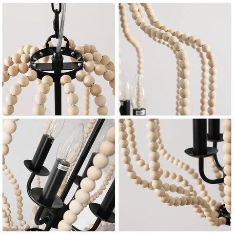 Wood Beaded Chandelier With Four Candle Style Lights For A Cozy Farmhouse Boho Vibe Rustic Ceiling Fixture close-up details