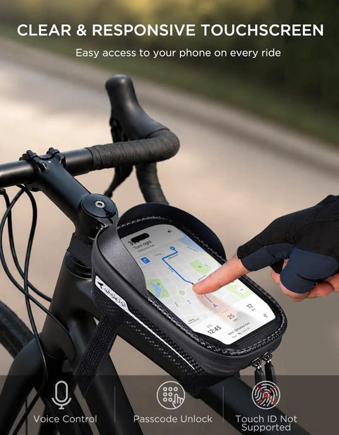 Cyclist using the TPU touchscreen of Waterproof Bike Frame Bag With 3D EVA Hard Shell And Sealed Zipper Top Tube Phone Holder Pouch for map navigation.