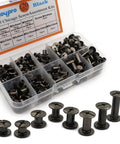 Rock Solid 120 Piece Chicago Screws Assorted Kit With Eight Mixed Screw Rivet Sizes Featuring Phillips Head Gun Metal Finish in a storage box.