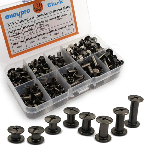 Rock Solid 120 Piece Chicago Screws Assorted Kit With Eight Mixed Screw Rivet Sizes Featuring Phillips Head Gun Metal Finish in a storage box.