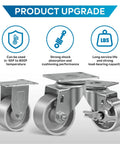 Heavy duty steel casters set of 3 showing swivel and rigid models with top plate and bolts, designed for durability and high-weight capacity use.