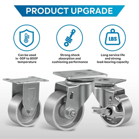 Heavy duty steel casters set of 3 showing swivel and rigid models with top plate and bolts, designed for durability and high-weight capacity use.
