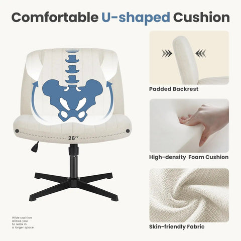 Armless Swivel Desk Chair No Wheels With Wide Seat For Home Office And Vanity Comfy Criss Cross Design For Cross Legged Sitting Adjustable Height Sturdy Beige For Computer Tasks showing U-shaped cushion and padded backrest.