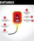 Diagram showing features of Heavy Duty Sump Pump Float Switch With Universal Ten Foot Tether And Piggyback Plug, including materials and components.