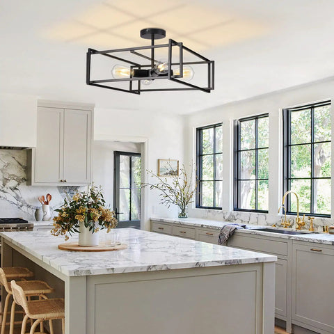 4 Light Black Semi Flush Mount Ceiling Light Fixture With Industrial Farmhouse Vibe illuminating a modern kitchen