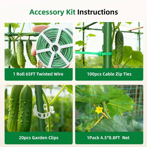 U Shape Cucumber Trellis For Raised Beds Garden Arch Metal Plant Support accessory kit with wire, zip ties, clips, and net
