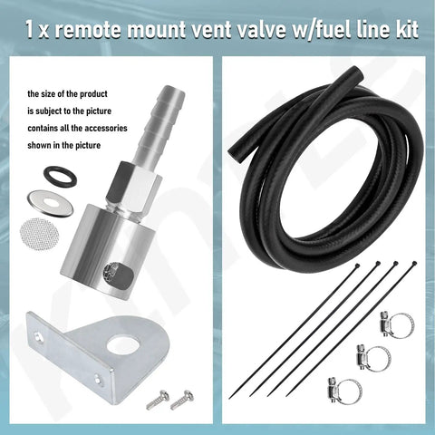 Remote Mount Vent Valve With Gas Line Kit For Gas Tanks Five Sixteenth Inch Barb Size External Rollover Check Valve Tank Vent Line Replacement Part With Gas Line And Hardware, showing components and tubing