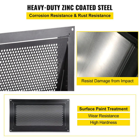 Close-up of Crawl Space Flood Vent 8 By 16 By 2 Inches Wall Mounted Foundation Flood Vent showing zinc-coated steel construction, black