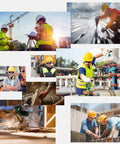 Collage of construction workers outdoors wearing safety gear, using equipment, and managing tasks on site.