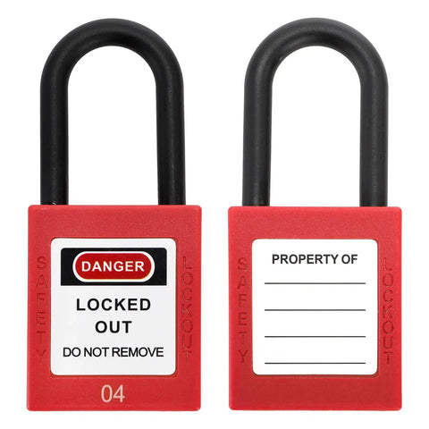 Front view of 10 Pack Lockout Tagout Padlocks For Stations And Devices, Keyed Differently, Red Plastic Unibody Locks With Two Keys Per Lock, Safe And Easy To Use Safety Locks. Red padlocks with warning labels and shackle.