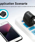 Universal AC To DC Power Converter That Brings House Current To Your Automotive Gear Straightforward Plug And Play Setup Works Like A Champ For Car Vacuums Air Pumps And Coolers In Bold Black connected to a power strip with a smartphone.