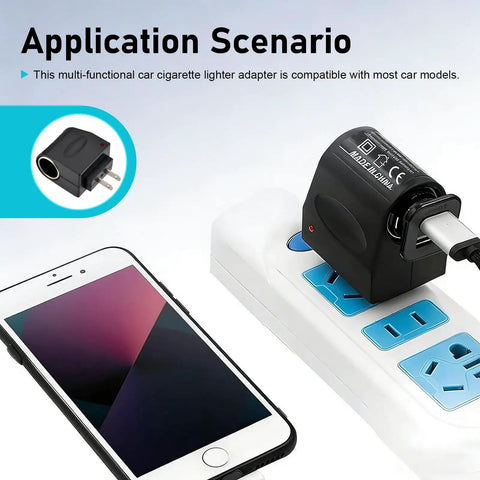 Universal AC To DC Power Converter That Brings House Current To Your Automotive Gear Straightforward Plug And Play Setup Works Like A Champ For Car Vacuums Air Pumps And Coolers In Bold Black connected to a power strip with a smartphone.
