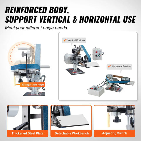Heavy Duty Belt Grinder Sander With Smooth Operator Variable Speed VFD And 550 Watt Motor in vertical and horizontal positions.
