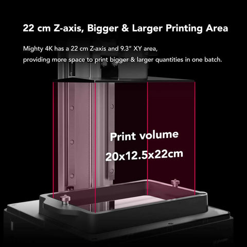 Sonic Mighty 4K Resin 3D Printer With Monochrome 9.3 Inch LCD, shows larger printing area and Z-axis for miniatures, build volume 20x12.5x22cm
