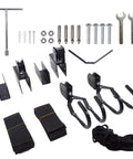 Dual Overhead Ladder Storage Hoist For Garage Or Shed Ceiling Pulley Lift System Holds 125 Lb And Fits Folding Telescoping Extension And Step Ladders Easy Install And Smooth Retrieval components including brackets, hooks, straps, bolts, and tools spread out on a white surface.
