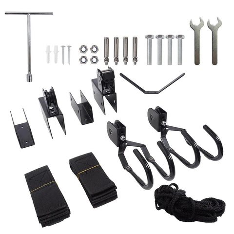 Dual Overhead Ladder Storage Hoist For Garage Or Shed Ceiling Pulley Lift System Holds 125 Lb And Fits Folding Telescoping Extension And Step Ladders Easy Install And Smooth Retrieval components including brackets, hooks, straps, bolts, and tools spread out on a white surface.