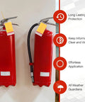Heavy Duty Resealable Fire Extinguisher Tag Covers 100 Pack Crystal Clear Waterproof Plastic Inspection Sleeves on fire extinguishers.