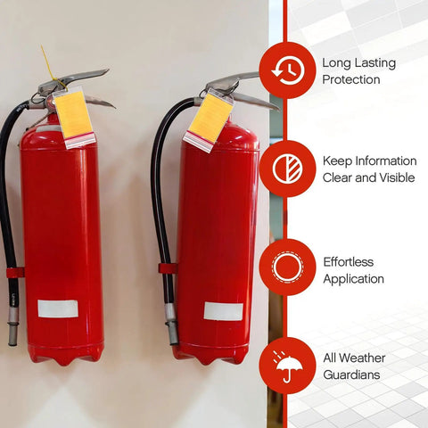 Heavy Duty Resealable Fire Extinguisher Tag Covers 100 Pack Crystal Clear Waterproof Plastic Inspection Sleeves on fire extinguishers.
