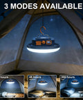 Crazy Bright 4000 Lumen Portable LED Camping Lantern With Digital Display and 30W Power hanging inside a tent showing 3 light modes.